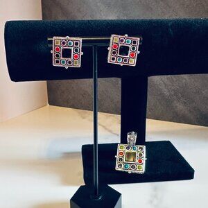 Modern Art Sterling Silver Post Earrings & Necklace Set